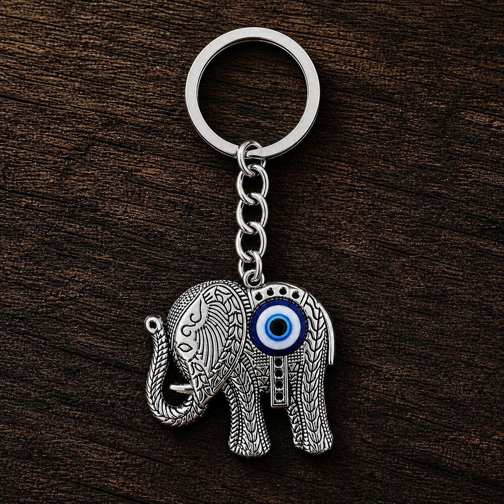 Silver Elephant Keychain Evil Eye Charm Boho Key Ring Lucky Protection Gift